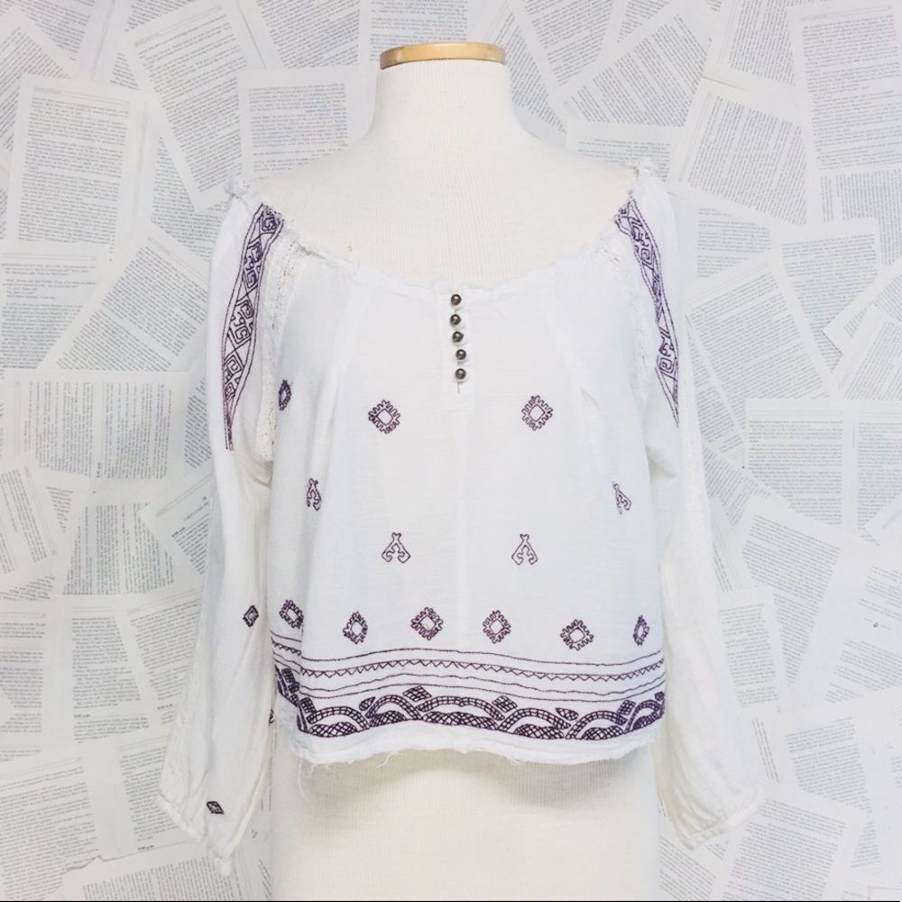 Zara Scoop Neck Peasant Top Embroidered Small